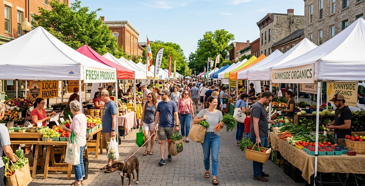 A bustling outdoor farmers market on a sunny morning with white pop up tents and people walking between stalls carrying fresh vegetables