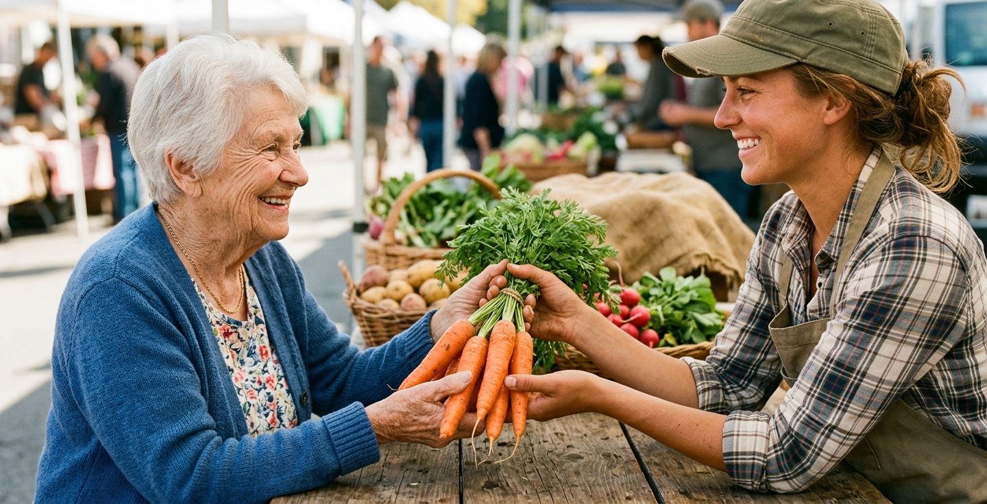 Close up of an elderly person and a young farmer smiling and exchanging a bunch of bright orange carrots across a wooden table