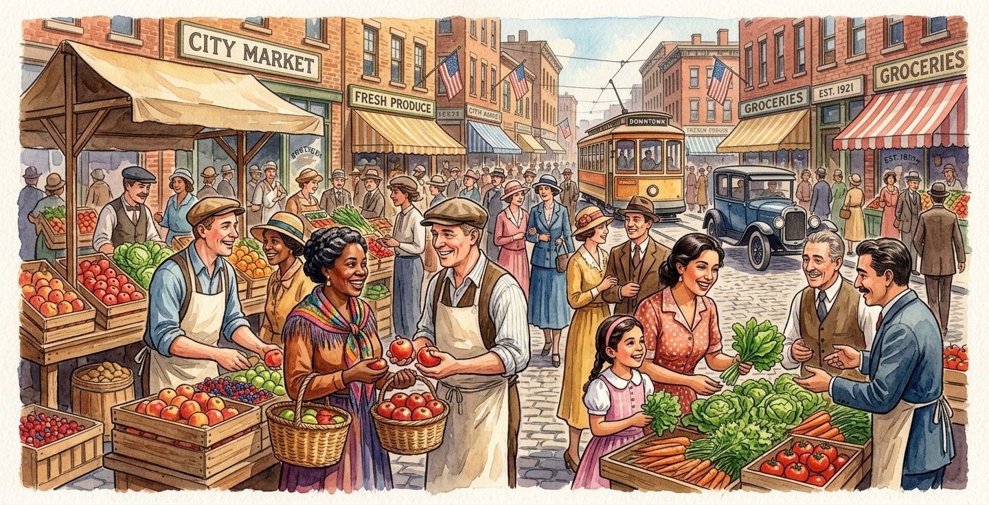 A warm historical style watercolor painting of a bustling 1920s American street market where people from various diverse backgrounds are smiling talking and buying fresh produce together