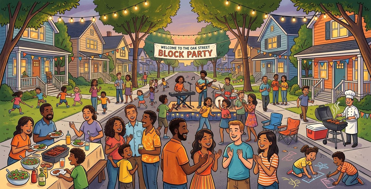 A bright and cheerful illustration of a modern American neighborhood block party showing diverse families sharing food playing music and laughing together under string lights