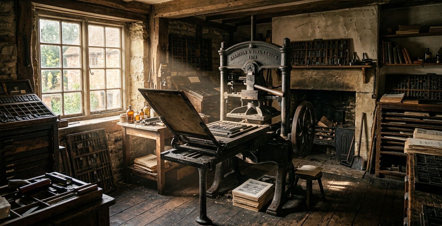 A dusty 19th century room with an old iron printing press and sunlight shining brightly through a single glass window