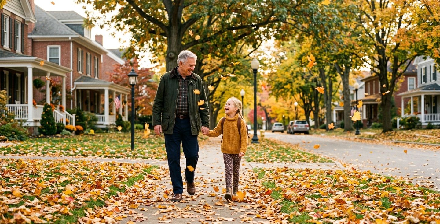 A grandfather and his young granddaughter walking happily down a tree lined American street in autumn with golden leaves falling