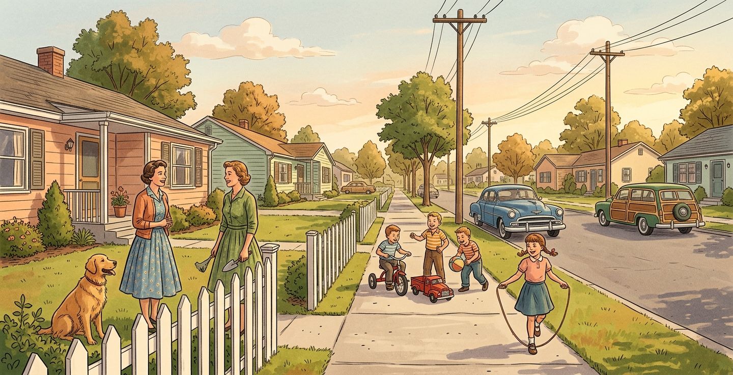 A warm vintage style illustration of an early 1950s American suburban street with small houses children playing on the sidewalk and neighbors talking over a low white picket fence