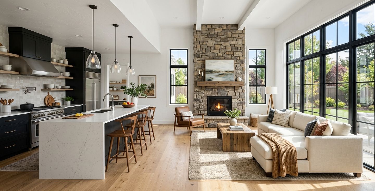 A bright contemporary interior rendering of a modern American open floor plan home showing a kitchen island seamlessly flowing into a cozy living room with a large stone fireplace and sunlight streaming through large windows