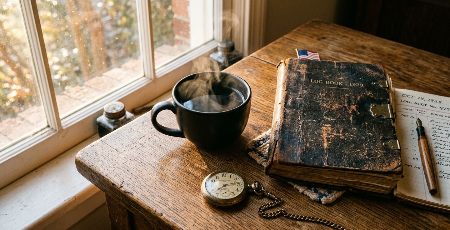 A warm steaming cup of black coffee resting on a rustic wooden desk next to a vintage pocket watch and an old leather bound ledger notebook symbolizing the passage of time and the long history of hard work in America. Soft golden morning light is pouring in through a nearby window.