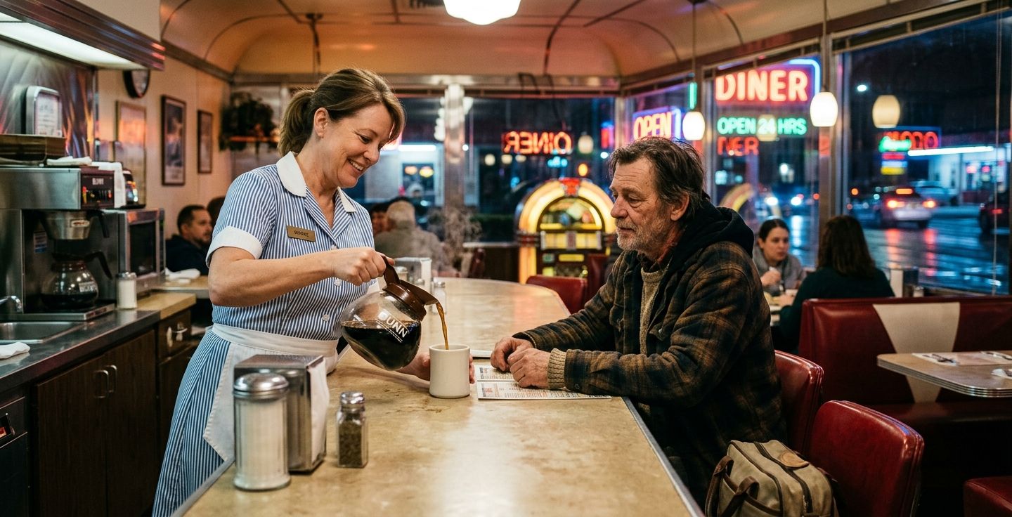 A classic mid century American diner interior at night. A friendly waitress in a crisp uniform is pouring hot black coffee from a glass carafe into a thick white ceramic mug for a weary traveler sitting at a long laminate counter. Neon lights are glowing softly through the diner window in the background.
