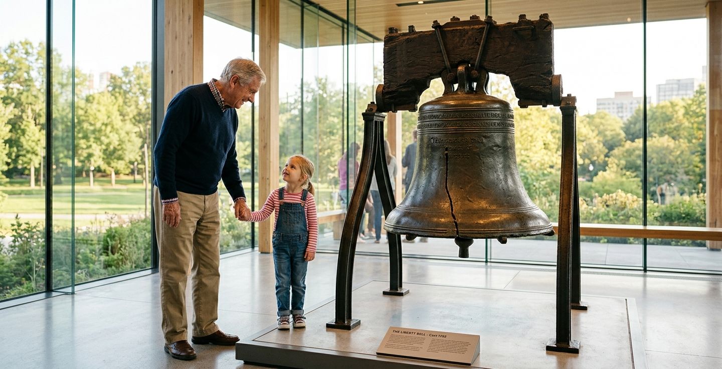 An older man holding a young grandchilds hand while looking at a cracked historical bronze bell inside a modern glass room with warm natural light filtering through the windows
