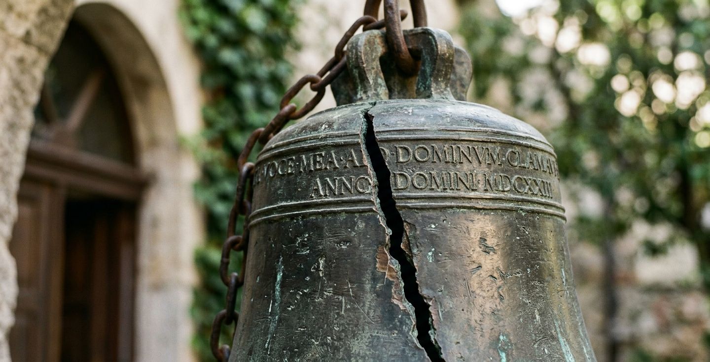 A close up view of an old bronze bell showing a wide intentional crack and a deeply engraved text inscription near the top rim illuminated by soft sunlight