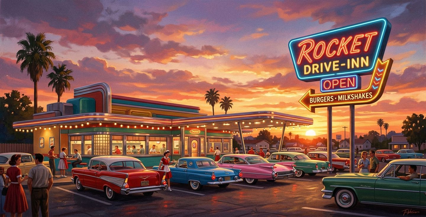 A nostalgic illustration of a 1950s drive thru diner at sunset with classic cars lined up and a glowing neon sign against a warm sky
