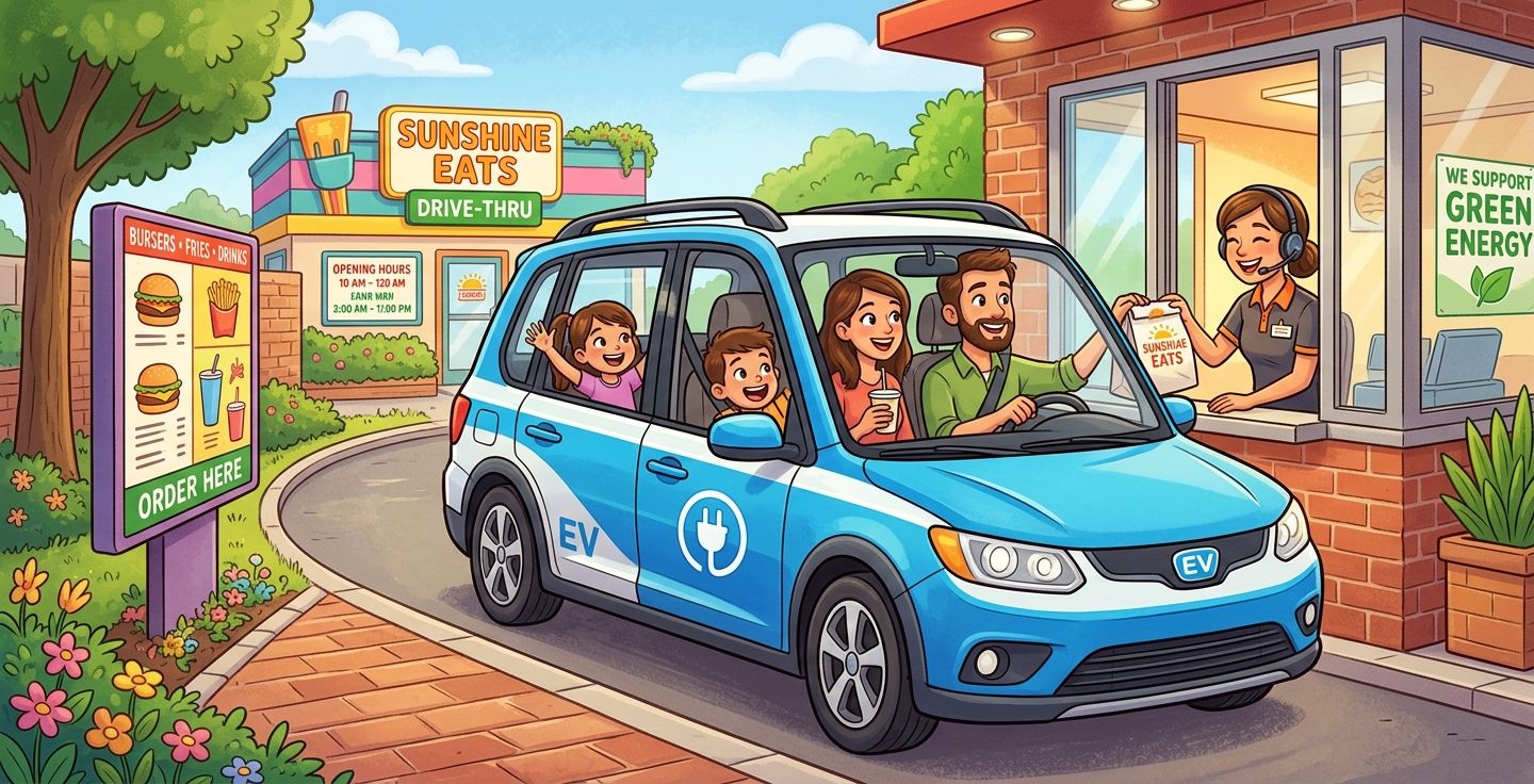 A bright and cheerful drawing of a modern electric car at a drive thru window with a smiling young family receiving their food from a friendly worker