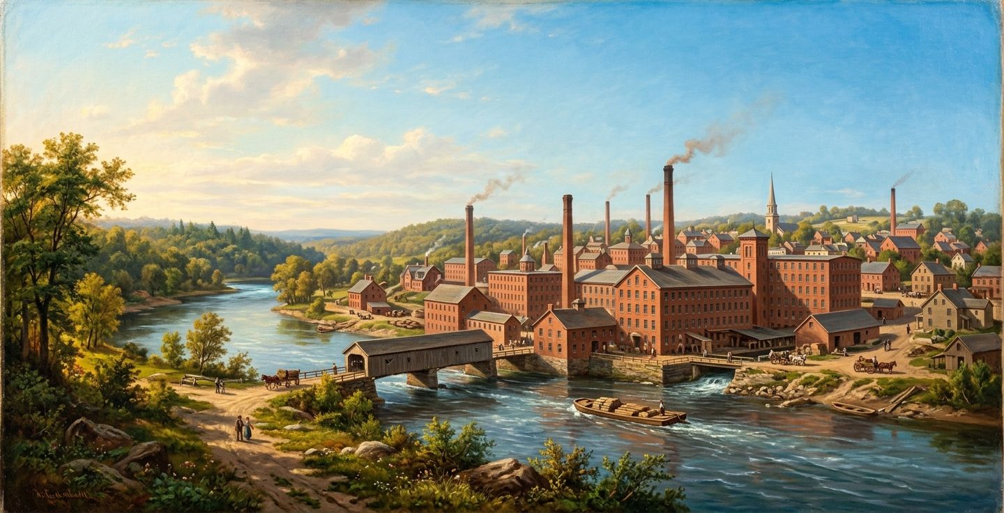 A painting of an early American textile mill town next to a flowing river with red brick buildings and tall chimneys under a bright morning sky