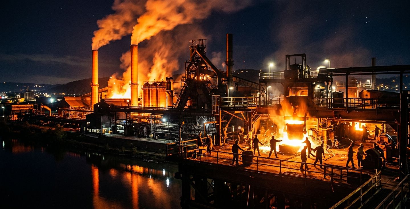 A glowing steel mill in Pennsylvania at night with bright orange smoke stacks and busy workers silhouetted against the bright furnace light