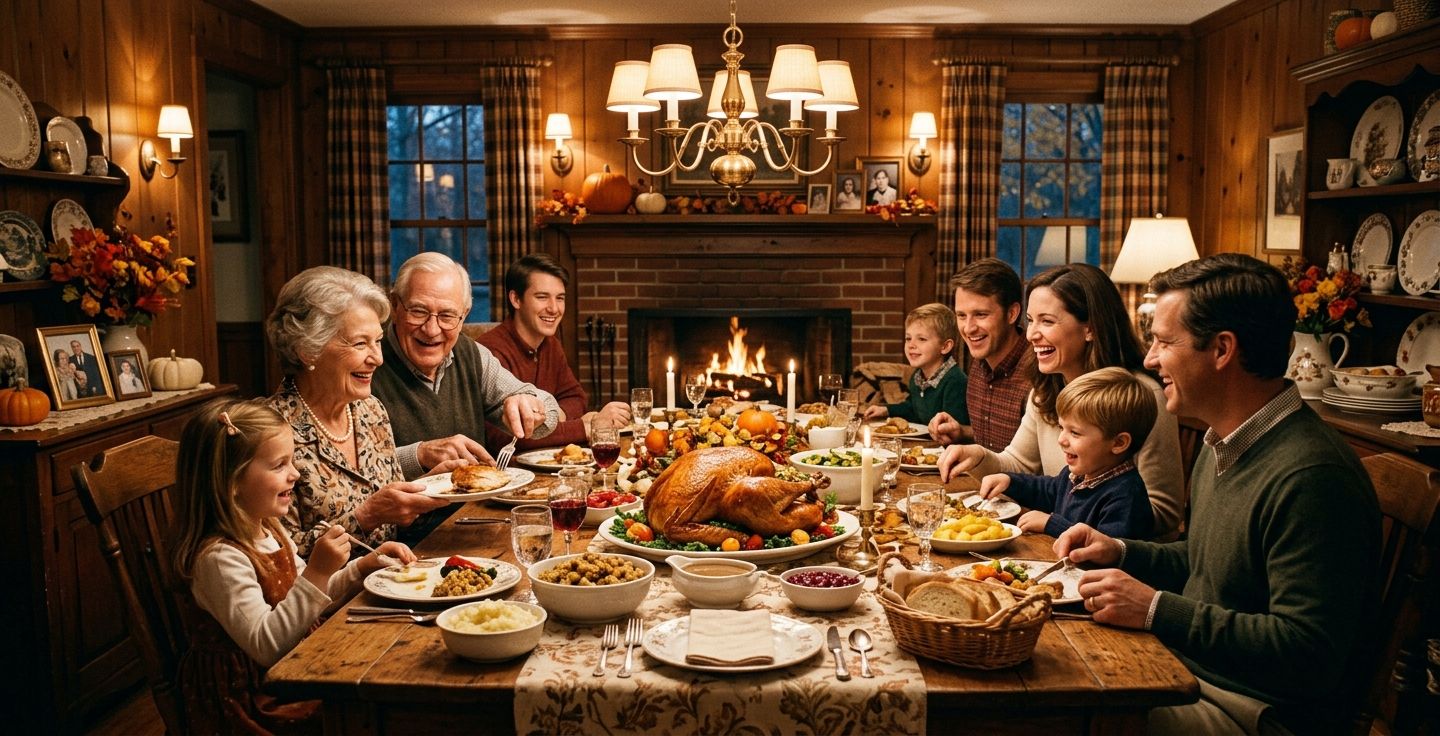 Nostalgic American family gathering for a Thanksgiving feast in a warmly lit dining room with a large roasted turkey on a wooden table vintage style