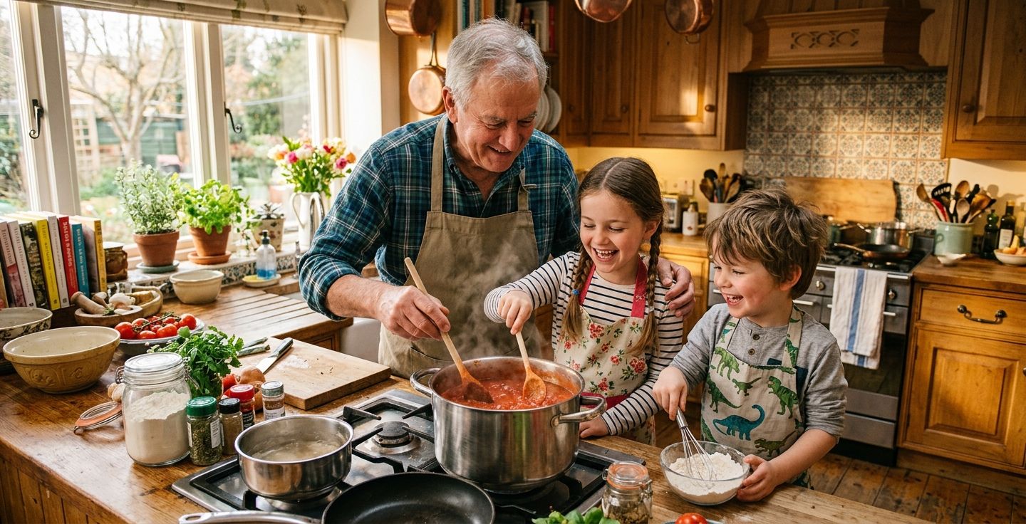 Grandfather and grandchildren cooking together in a sunny cozy kitchen smiling and stirring a pot passing down family traditions