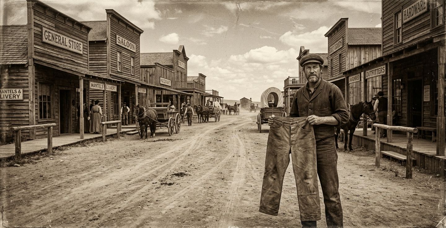 sepia toned image of an 1850s dirt road with wooden buildings and a man holding canvas pants