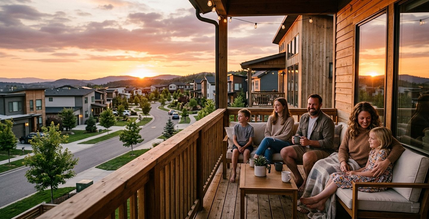 warm sunset view over a modern neighborhood with a family sitting on a wooden porch