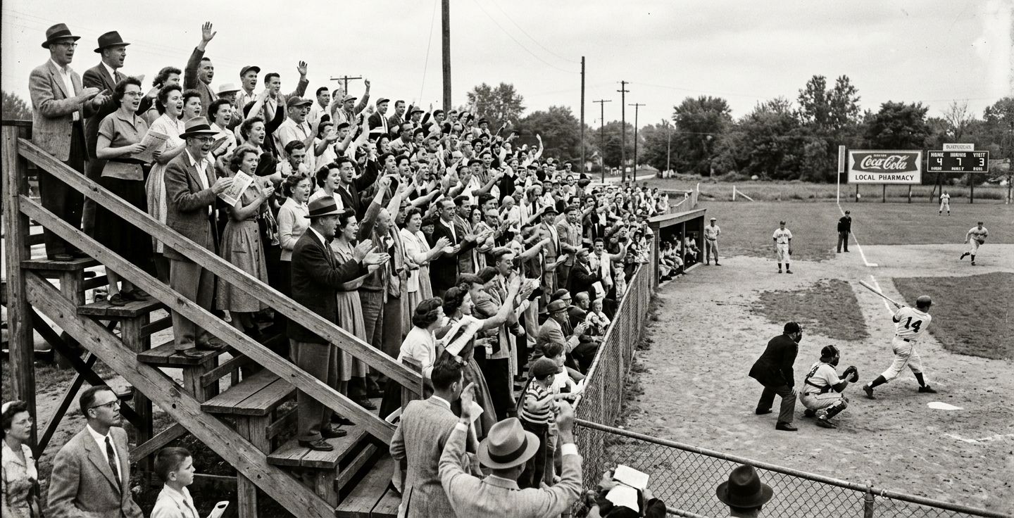 Black and white photo of a 1950s local baseball game with fans cheering in wooden bleachers