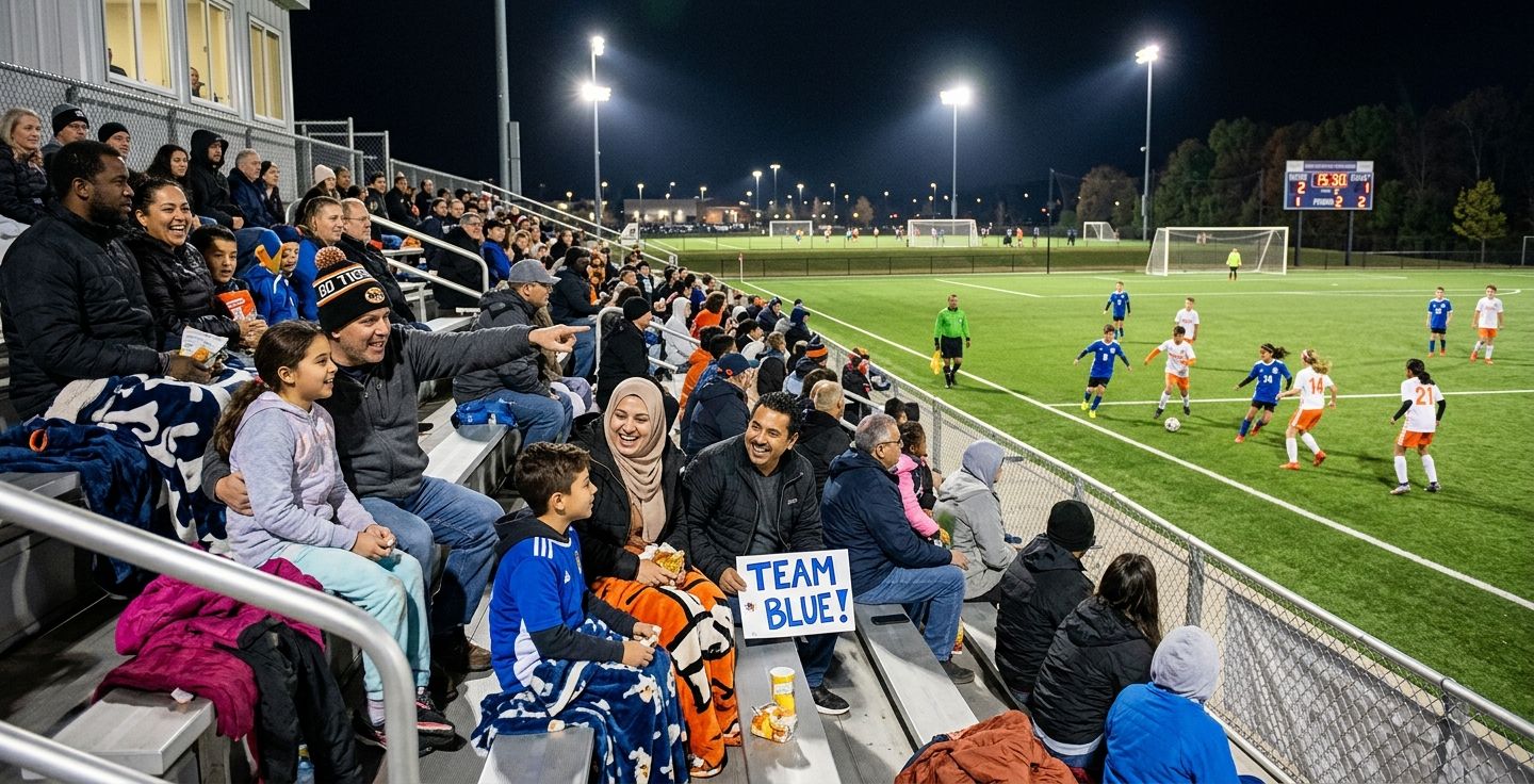 Modern youth soccer game under bright stadium lights with diverse families sitting together in the bleachers