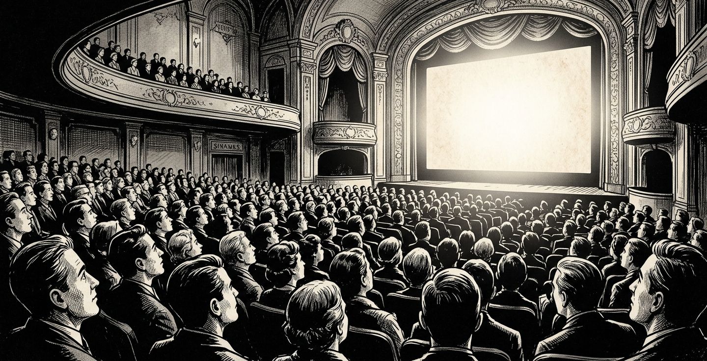 A nostalgic black and white illustration of an old movie theater showing a large crowd of people looking up at a glowing screen