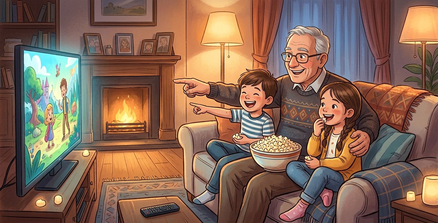 A warm illustration of an older man sitting with two young children eating popcorn and pointing at a bright television screen