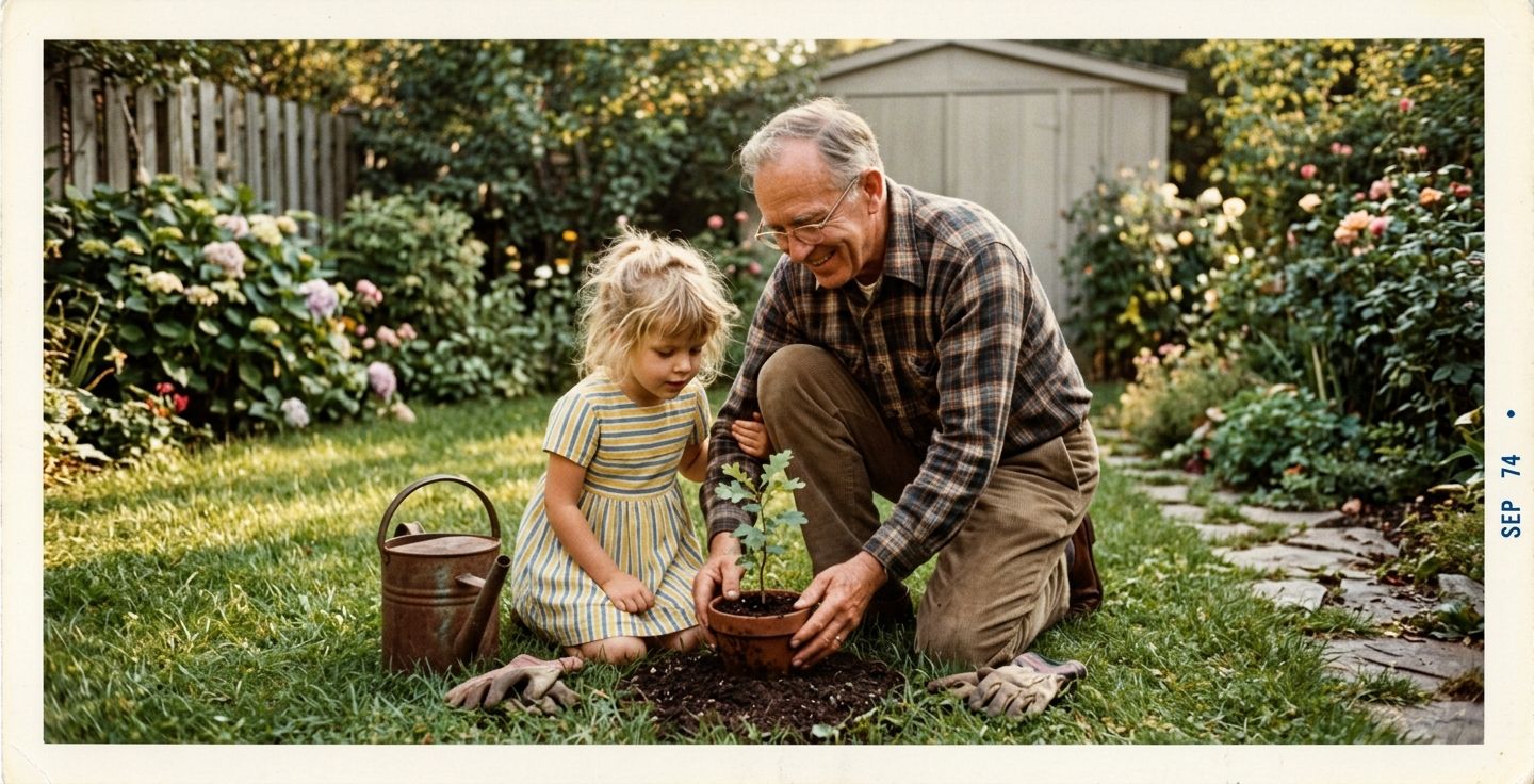 A retro style photograph of an older man showing his young grandchild a tiny tree sapling in a small grassy backyard on a sunny afternoon