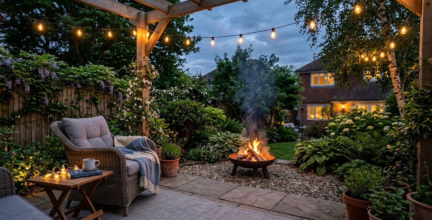 A peaceful evening backyard patio with a comfortable chair a small fire pit and a glowing light illuminating a quiet space