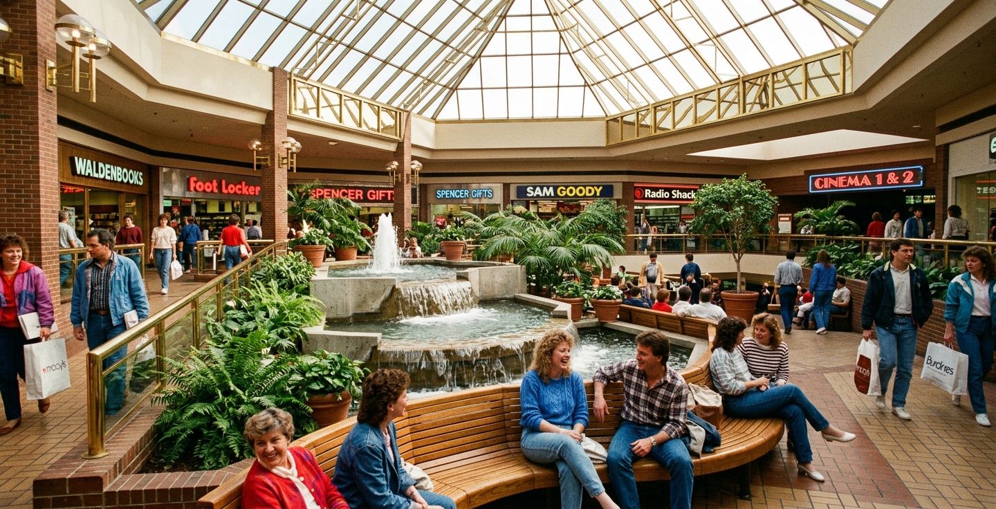 A warm nostalgic scene of an indoor 1980s American shopping mall with a large water fountain skylights and people chatting happily on wooden benches