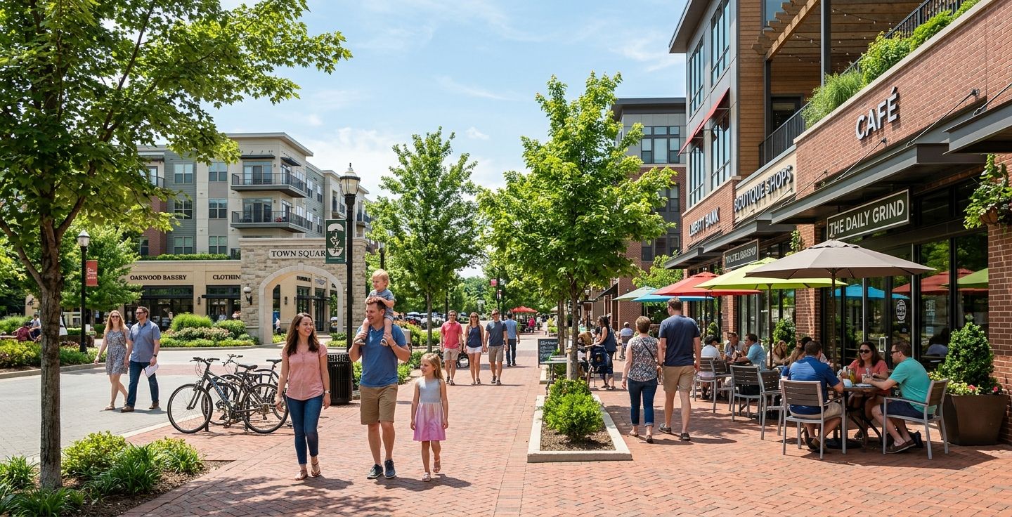 A sunny modern open air mixed use town center with brick sidewalks outdoor cafe seating green trees and families walking together
