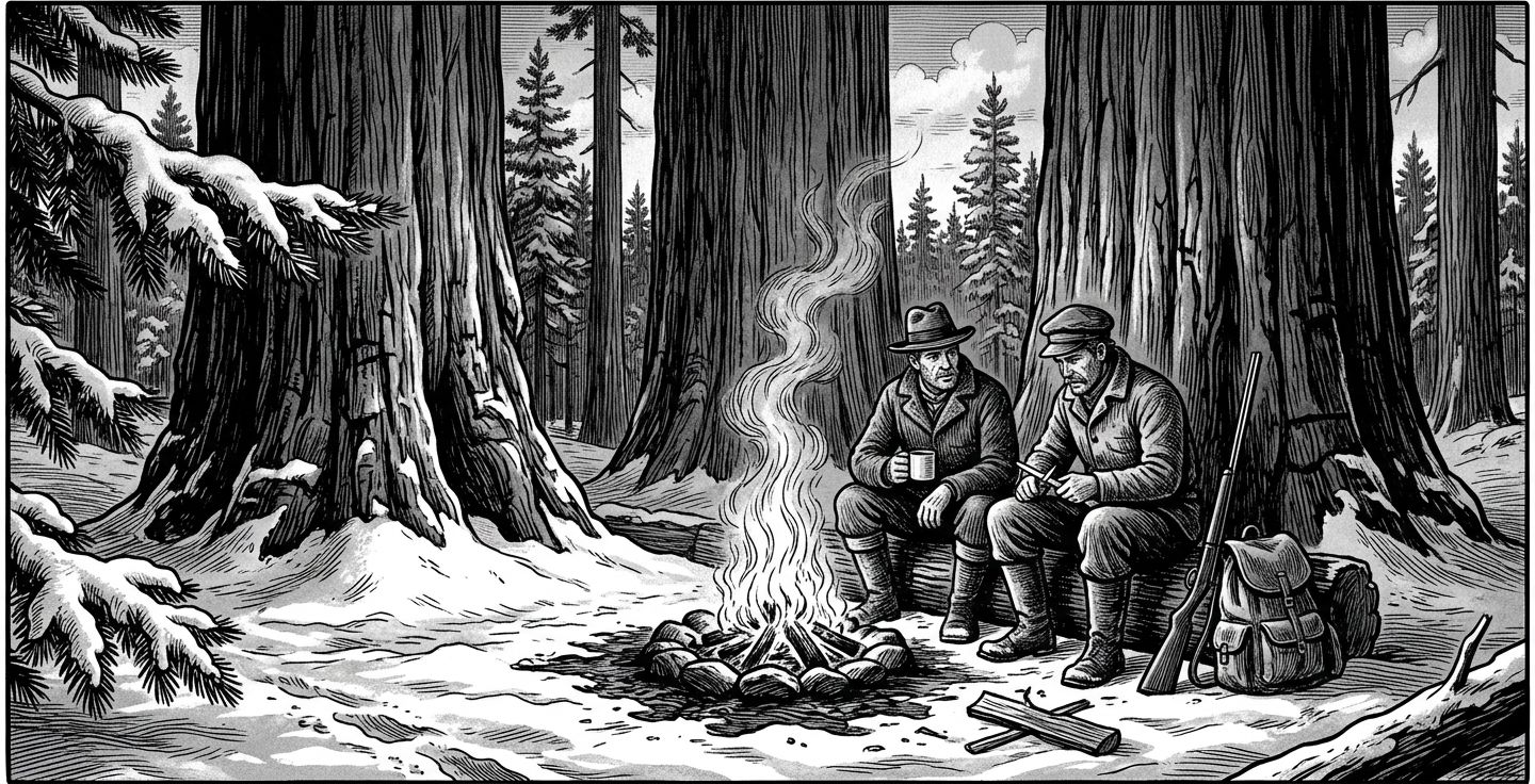Black and white historical style illustration of two men in early 1900s outdoor clothing sitting by a campfire under giant sequoia trees surrounded by snow