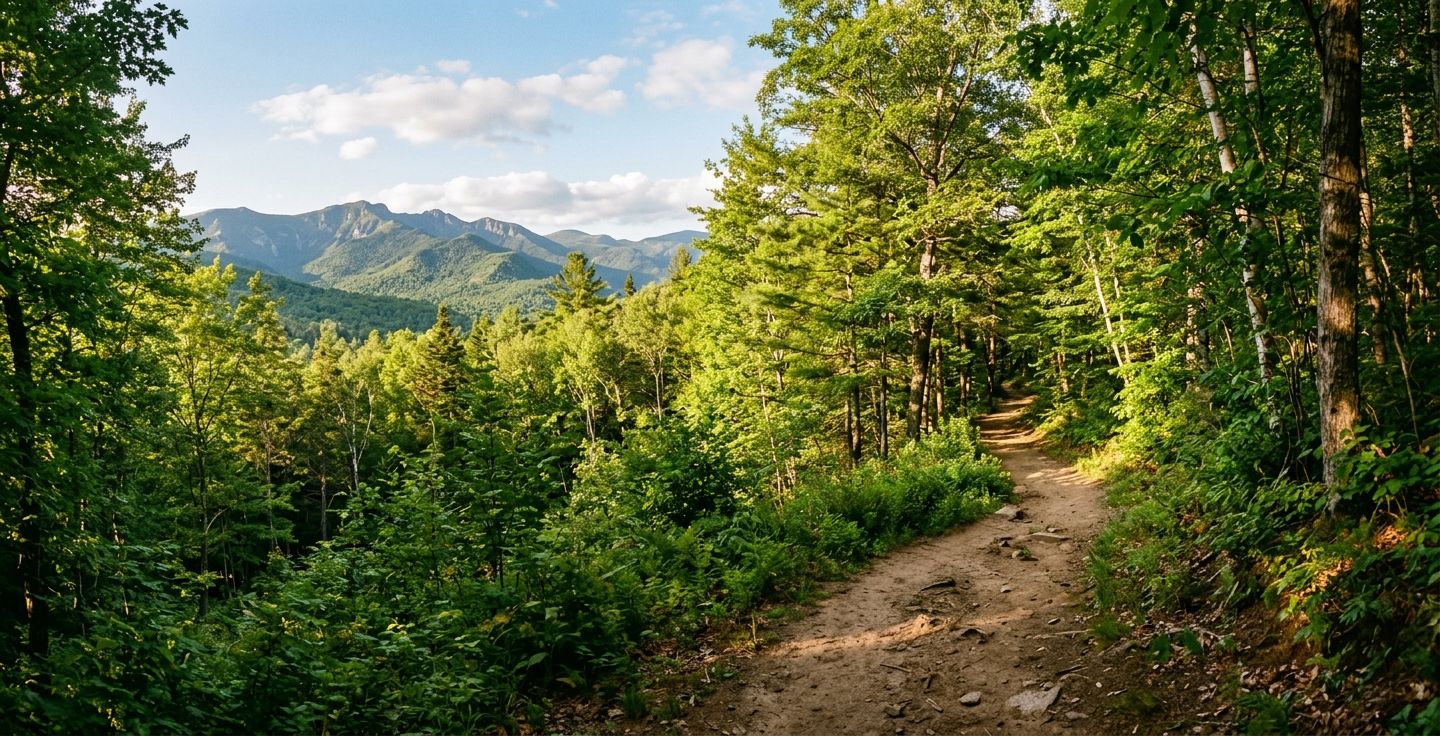 A warm sunlight filled view of a dirt trail winding through a lush green American forest with distant mountains in the background