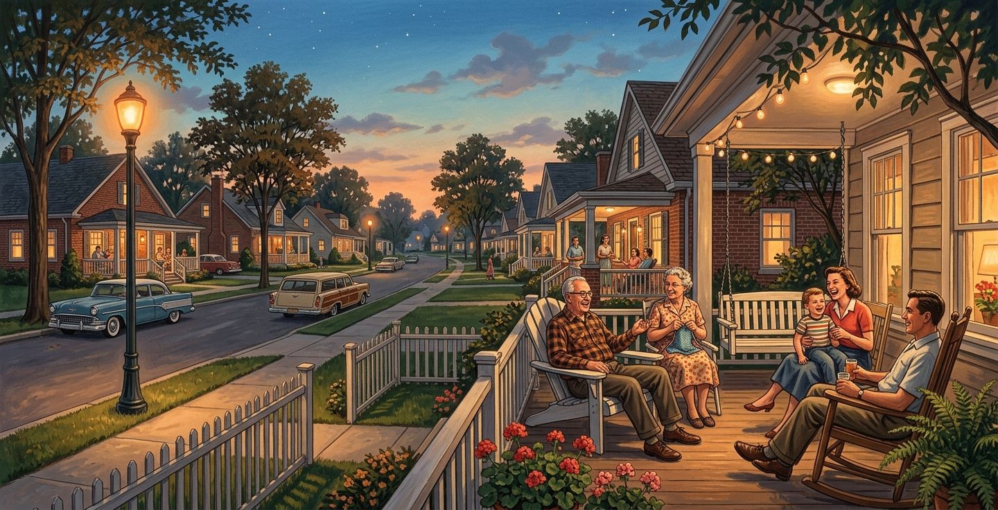 A warm nostalgic illustration of families sitting on front porches in a mid century American neighborhood at twilight with soft glowing streetlights