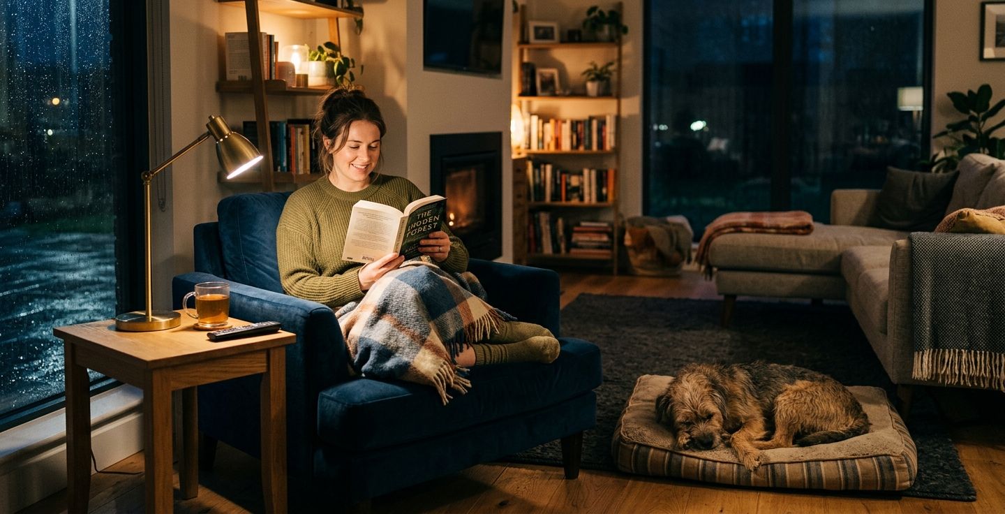 A cozy modern living room at night illuminated by a small reading lamp showing a person relaxing and reading a physical book with a sleeping dog nearby