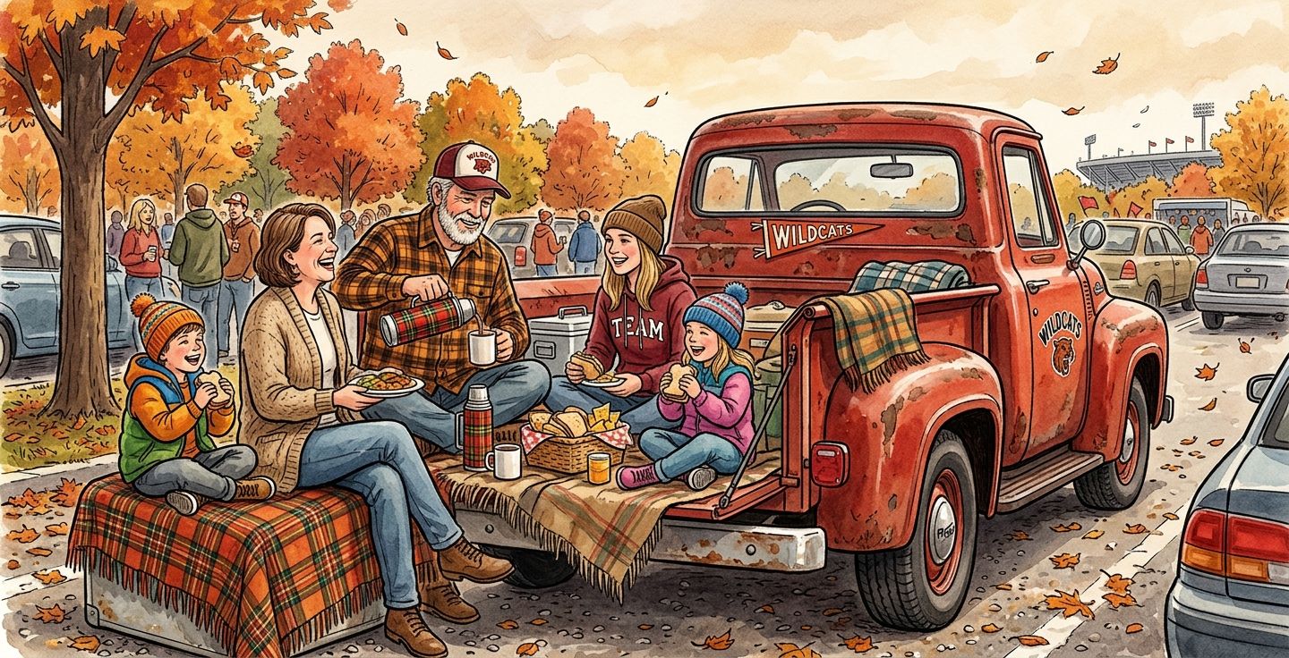 A nostalgic illustration of a family gathered around the back of a vintage pickup truck in autumn with a thermos and blankets enjoying a pregame meal together