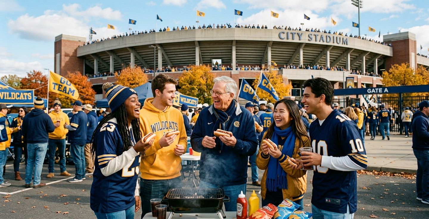 A warm scene showing an older man laughing and sharing hot dogs with a group of young diverse fans wearing team colors outside a stadium on a sunny autumn day