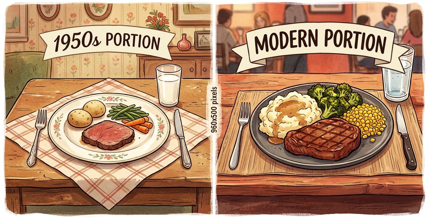 Side by side illustration of a small 1950s dinner plate with a modest piece of meat and vegetables next to a modern oversized dinner plate overflowing with large portions of food in a warm nostalgic style