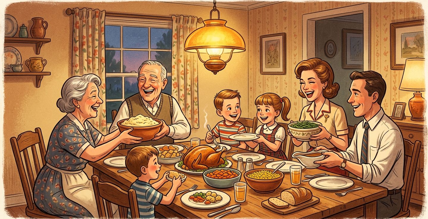 Warm glowing illustration of a bustling joyful family dinner table in the 1960s with grandparents and children smiling and passing around hearty bowls of food