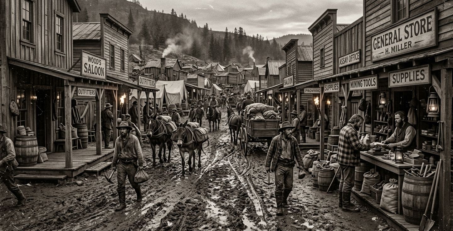 A busy muddy street in an old 1849 mining town with wooden storefronts and merchants selling goods to tired miners.
