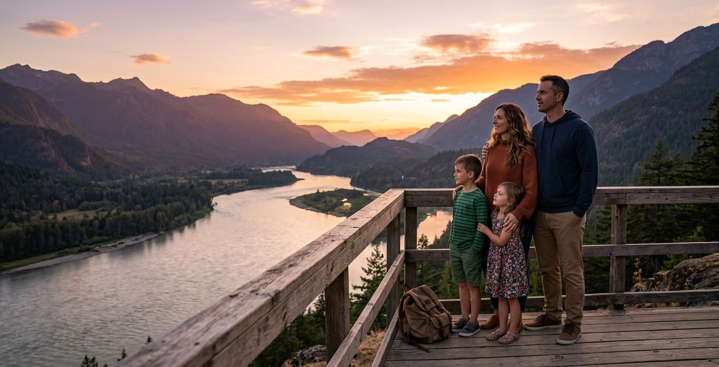 A warm sunset over a calm river in the mountains with a modern family looking out into the distance feeling hopeful.