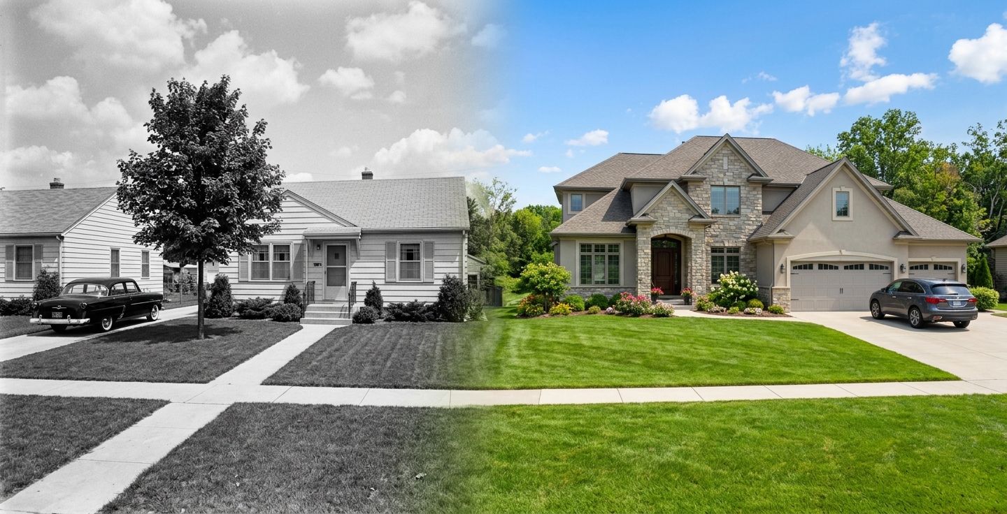 A black and white photo blending into a color photo showing a modest 1950s suburban home on the left and a large modern American house on the right surrounded by wide green lawns and a sunny sky