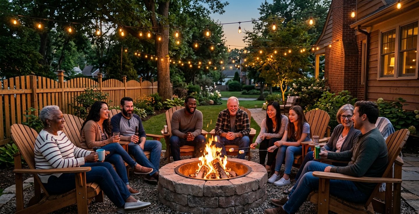 A warm inviting backyard in an American neighborhood where diverse neighbors of all ages are smiling and sitting around a crackling fire pit under string lights during a summer evening