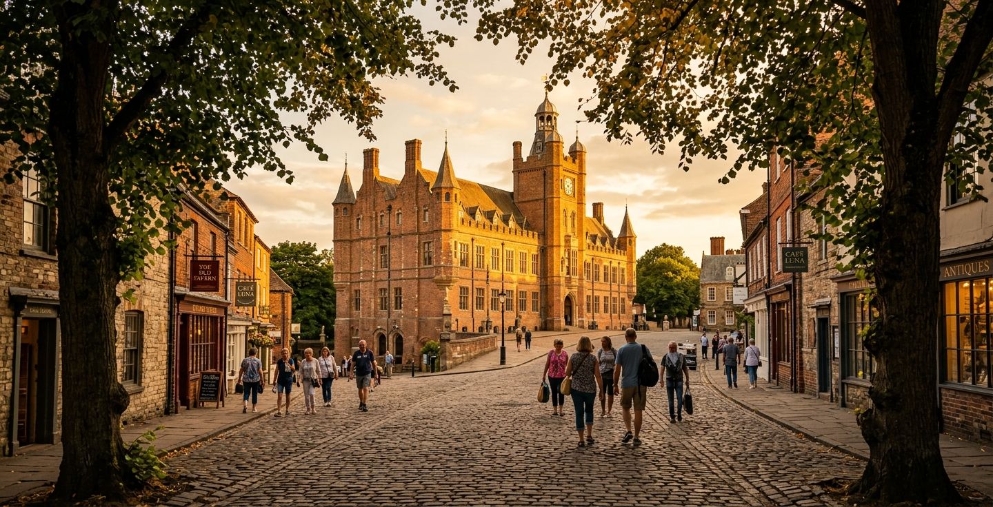 A wide angle view of tourists walking along a cobblestone street toward a large classic brick building bathed in golden hour sunlight with trees in the foreground