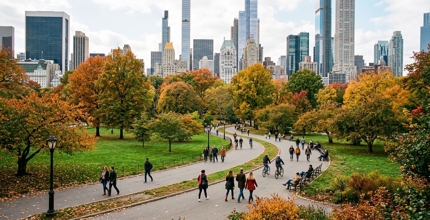 A serene view of a large green park in the middle of a bustling city during autumn with people walking on a winding paved path