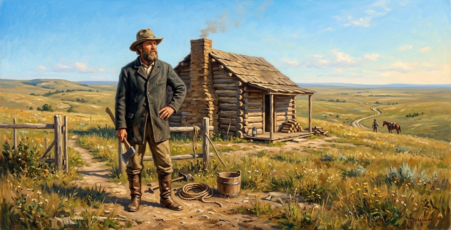 An oil painting style image of a rugged pioneer man standing in front of a modest log cabin in a vast grassy prairie under a clear blue morning sky