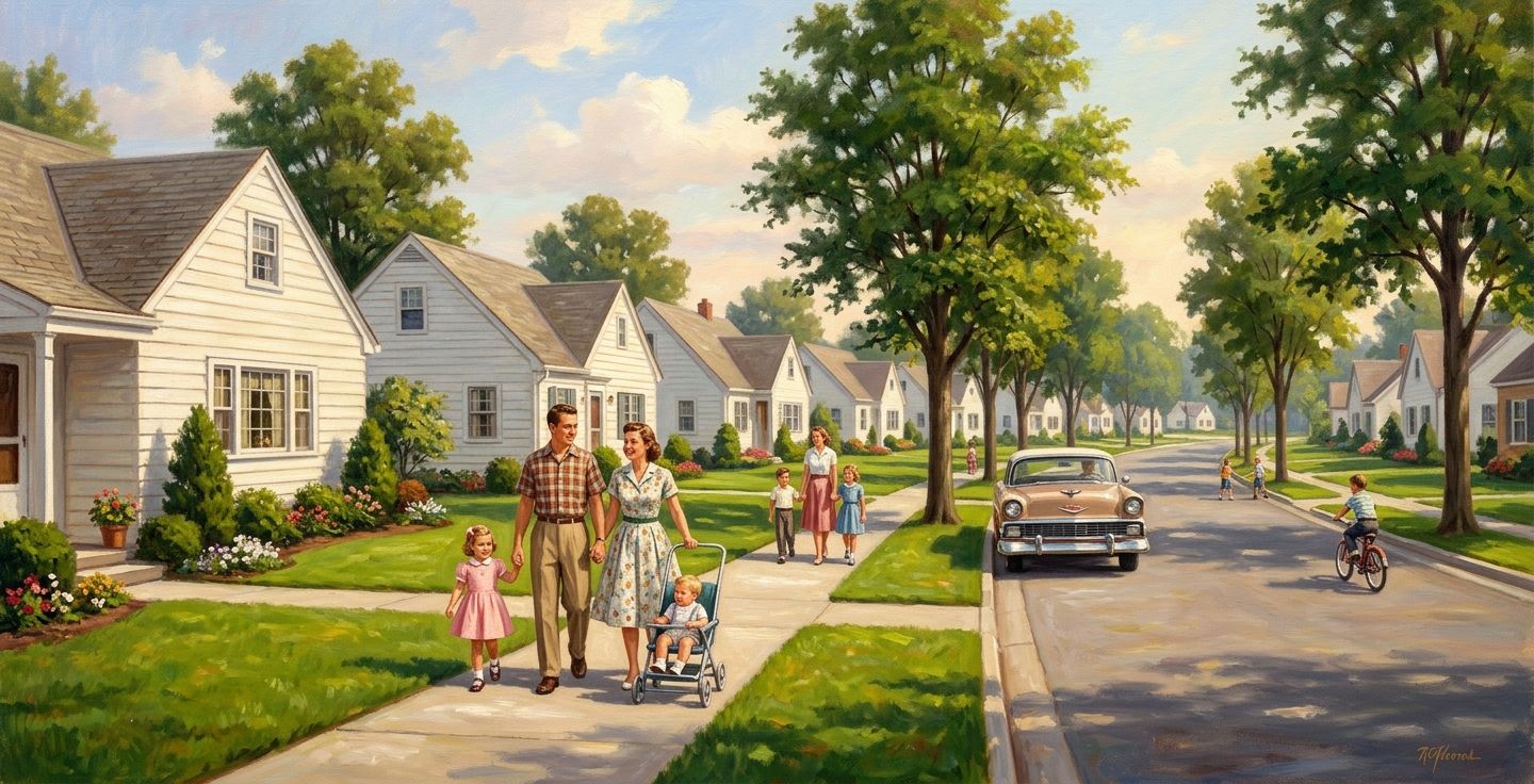 A nostalgic painting of a 1950s American suburban street with small identical houses neatly trimmed green lawns and young families walking on the sidewalk