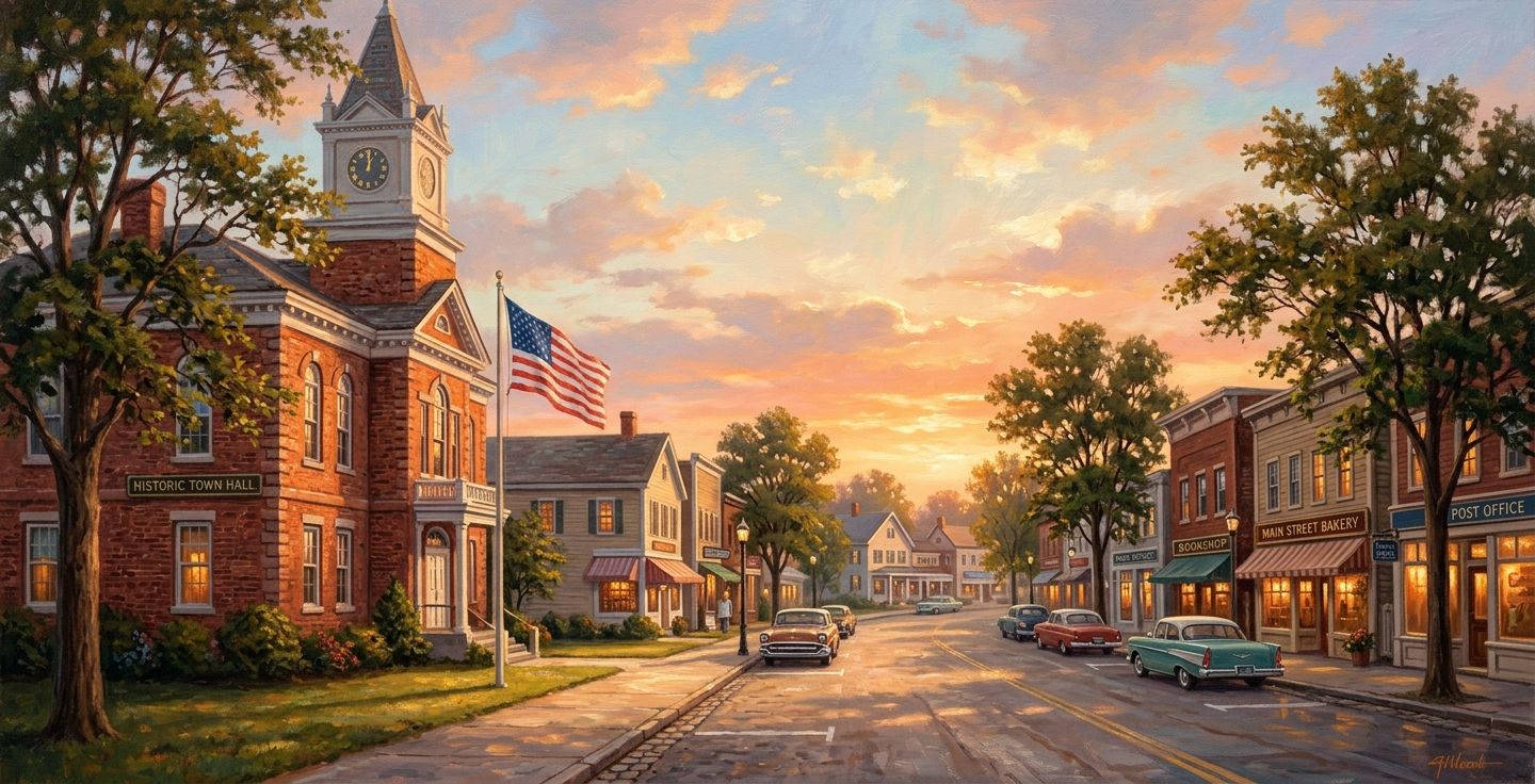 A warm painting of a quiet American main street at sunrise with a brick town hall and a small flag waving in the breeze