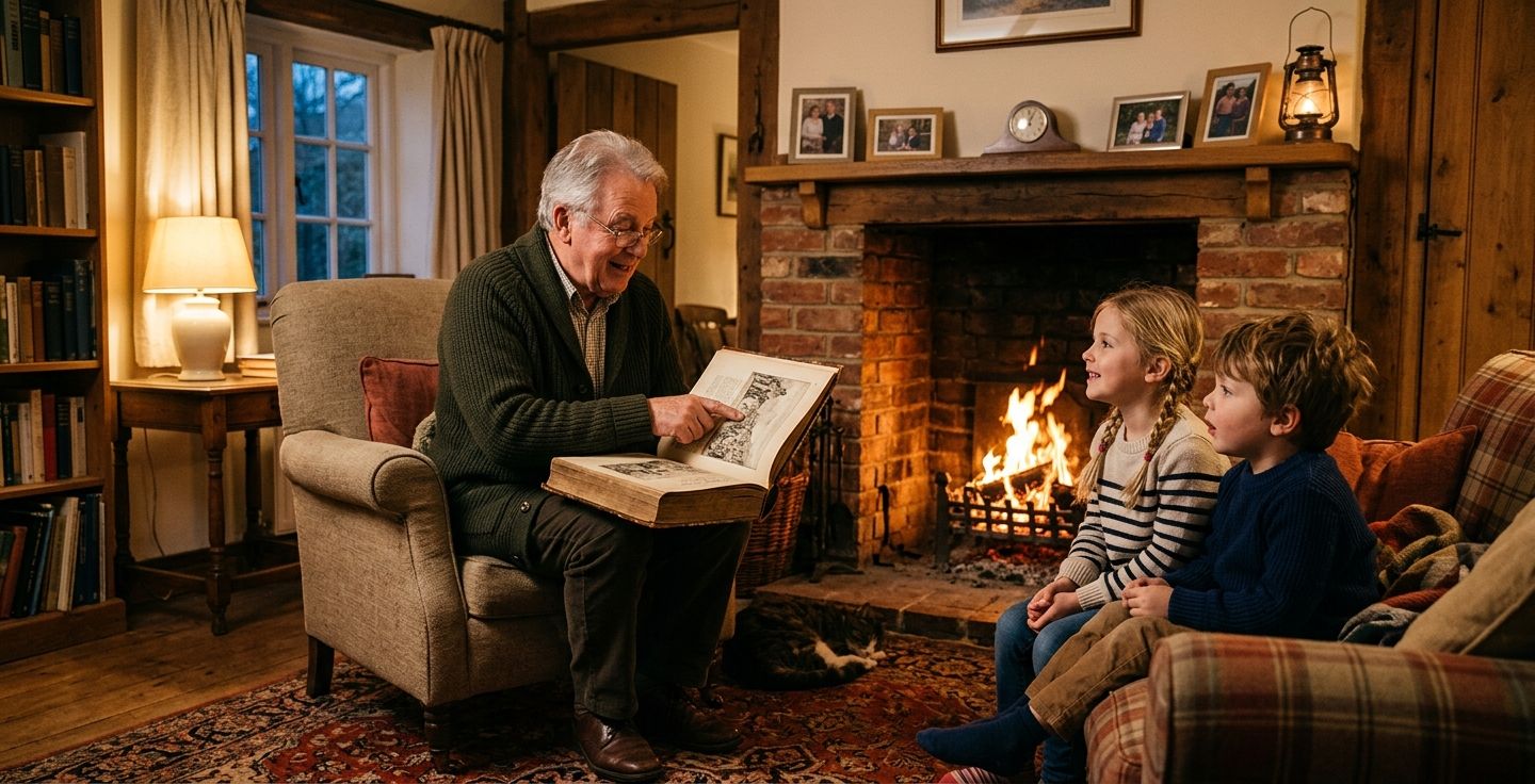 A cozy living room where a grandparent is reading an old history book to two young children near a glowing fireplace