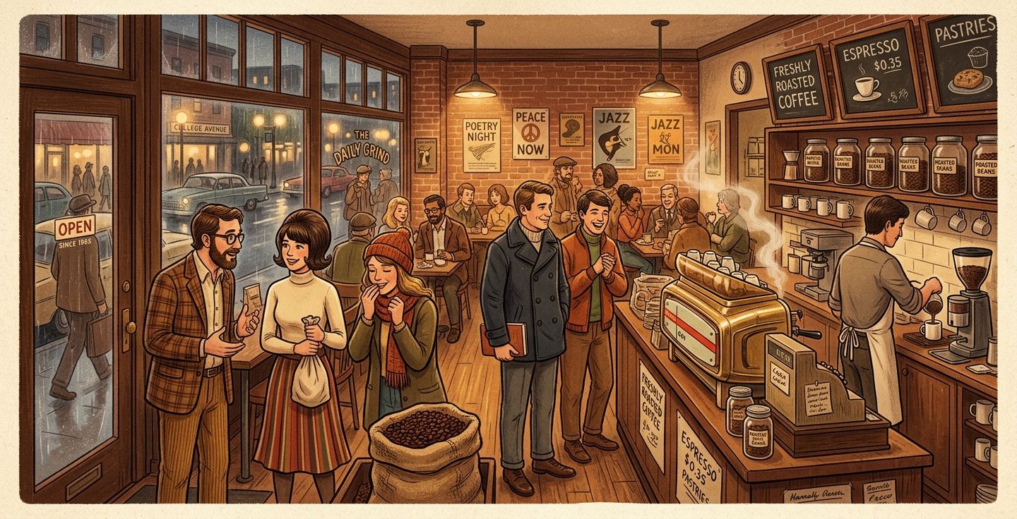 A warm nostalgic illustration of a small nineteen sixties coffee shop in Berkeley with people talking in line and smelling roasted beans
