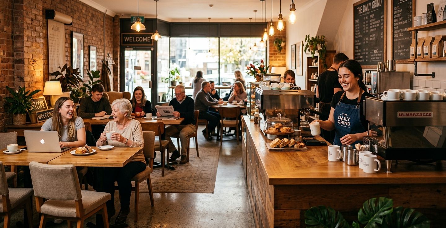 A cozy modern coffee shop interior with warm lighting a mix of young and old people sitting at wooden tables and a barista smiling at the counter
