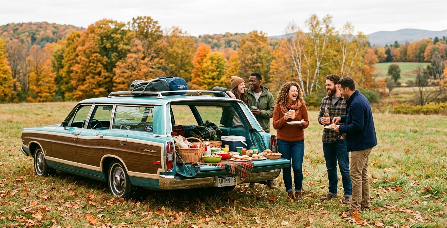 A vintage American station wagon parked on a grassy field in autumn with people gathering around the open tailgate sharing food and laughing