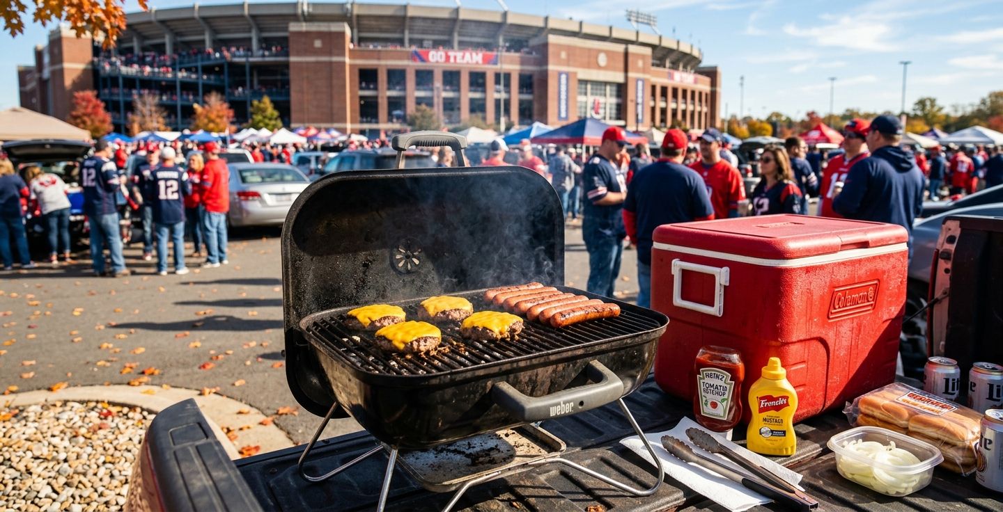 A close up of a portable grill sizzling with hot dogs and burgers next to a red cooler on a sunny autumn afternoon at a football stadium parking lot